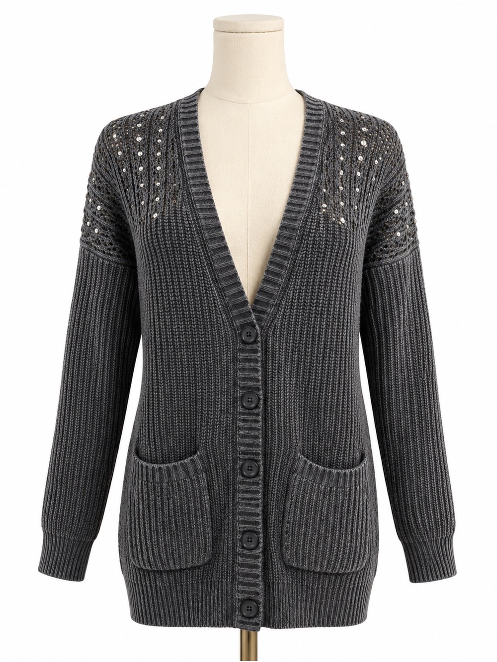 American Eagle Gray Knit Cardigan Sweater Small Cozy Boho Grandpa Core Chic